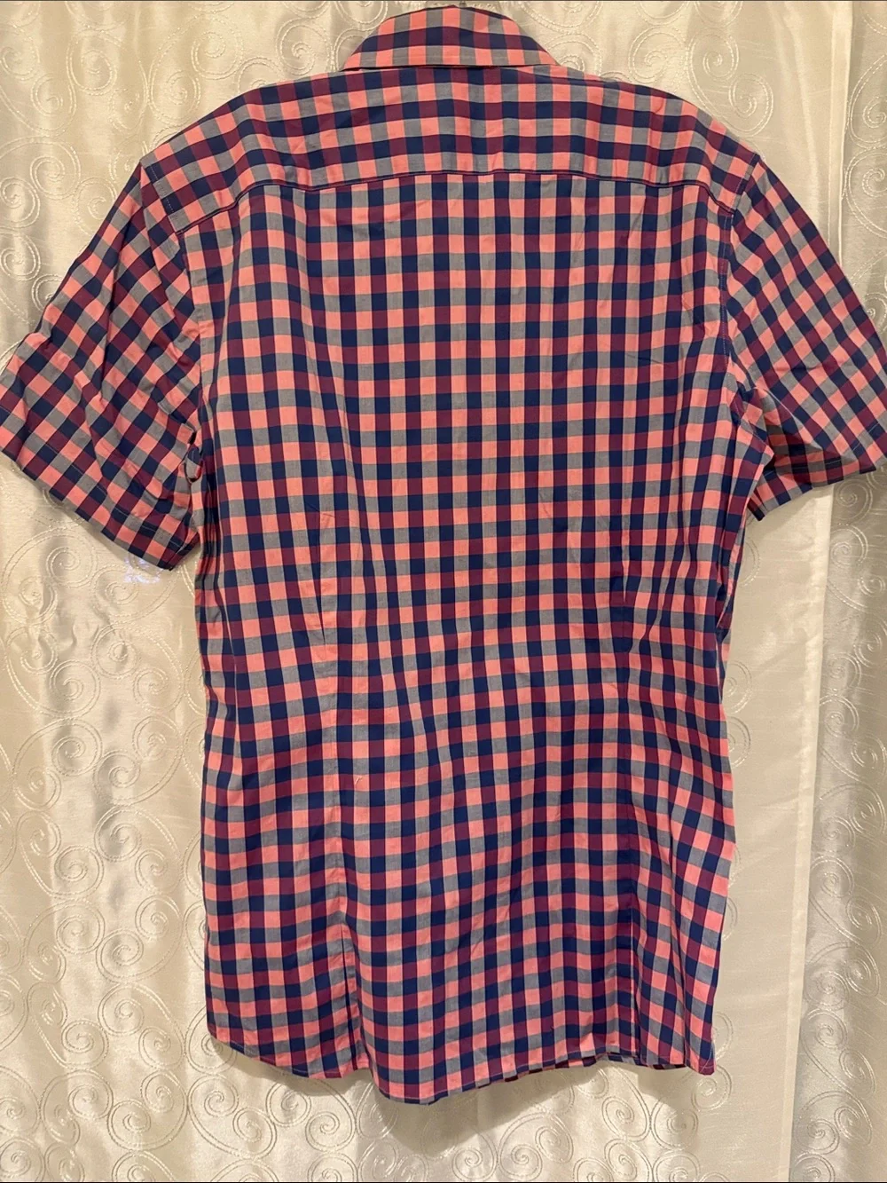 Banana Republic Pink and Navy Check Short-Sleeve Button-Down Shirt Size M 🔥 G11